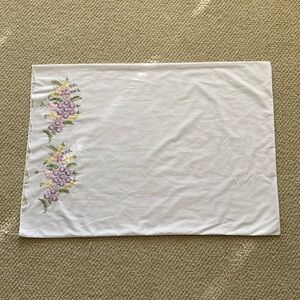 Hand Embroidered White Pillowcase Lavender Flowers Delicate Crafted Colorful EUC
